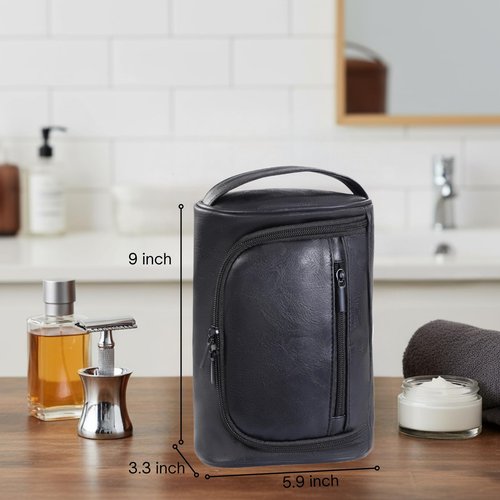 Cumbanho Mens Toiletry Bag, Compact Dopp Kit for Men Travel, PU Leather Shaving Kit, Water-Resistant Minimalist Organizer with Wrist Strap, Fits Grooming Essentials,Black