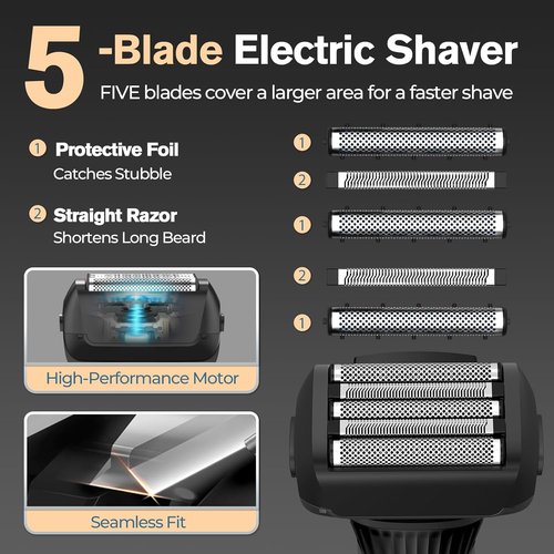 Skiennix 5-Blade Cordless Electric Razor for Men - Close Shaving, Wet/Dry Use, USB-C Fast Charging