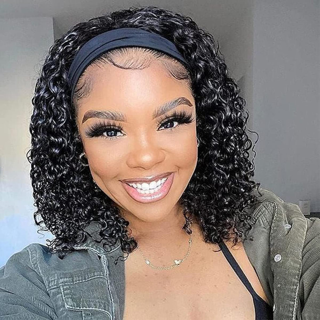 Water Wave Headband Wig Human Hair Glueless None Lace Headband Wig Brazilian Human Hair Machine Made Curly Wigs for Black Women, Short Wigs Kinky Curly Weave 100% Unprocessed Hair 150% Density 12 Inch