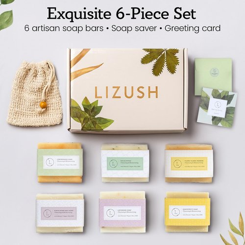 Lizush 6 Piece Soap Gift Set - Handmade in the USA Spa Gifts for Women, Luxurious Soap Bar Gift Set - Skin Care Set with Lemongrass, Grapefruit, Eucalyptus, Ylang Ylang, Lavender & Himalayan Salt