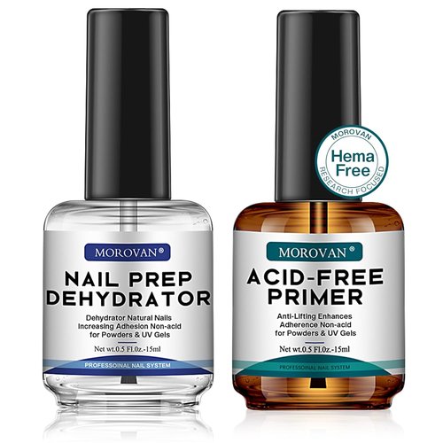 Morovan Nail Prep Dehydrate Primer - Acid-Free Non-Acid Primer for Acrylic & Gel Nails | Gift Box Set