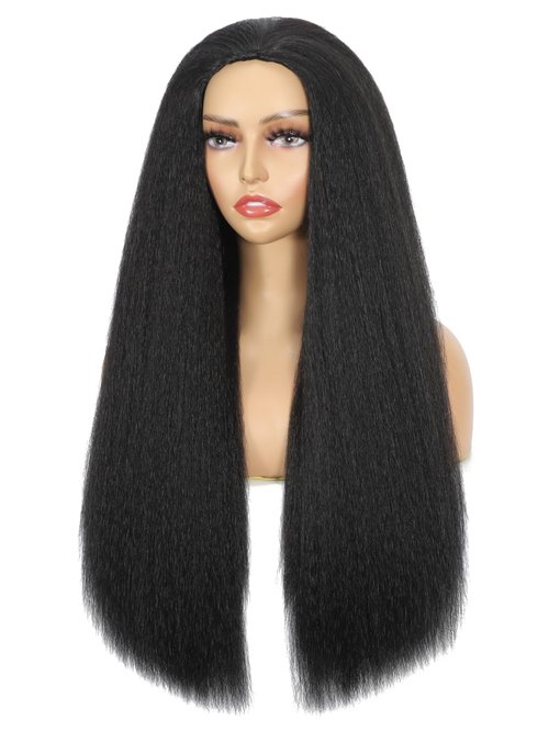 TASHEEMA Glueless Kinkystraight Synthetic Hair 3 in 1 Half Wig for Women 24 inch Black Yaki Kinky Straight for Headband Wig Ponytail