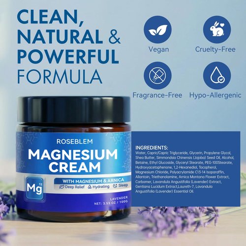 Roseblem Magnesium Cream with Arnica & Lavender – Muscle Relief, Relaxation & Sleep Support, Gentle Moisturizing Cream with Shea Butter & Jojoba Oil for Sensitive Skin, Natural Daily Use, 3.53oz