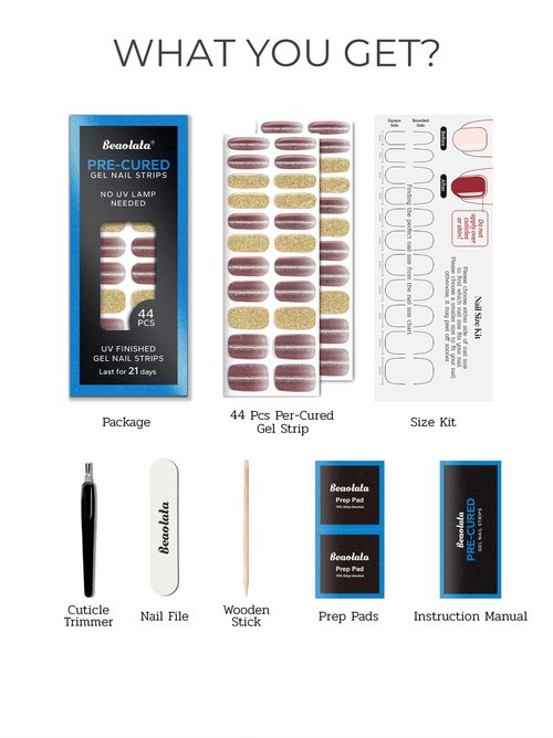 Beaolata Real Gel Nail Strips (No UV Light Needed) - 44Pcs Salon Quality Nail Stickers - Long Lasting Polish Wraps for Women, Easy Apply & Remove (Gothic Purple）
