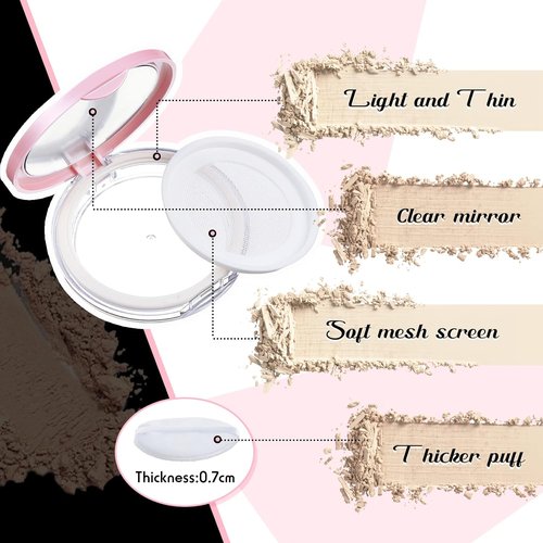 Cunhill Loose Powder Container Set - 2 Reusable Makeup Cases with Puff & Mirror | Pink & Silver, 0.17/0.7 oz