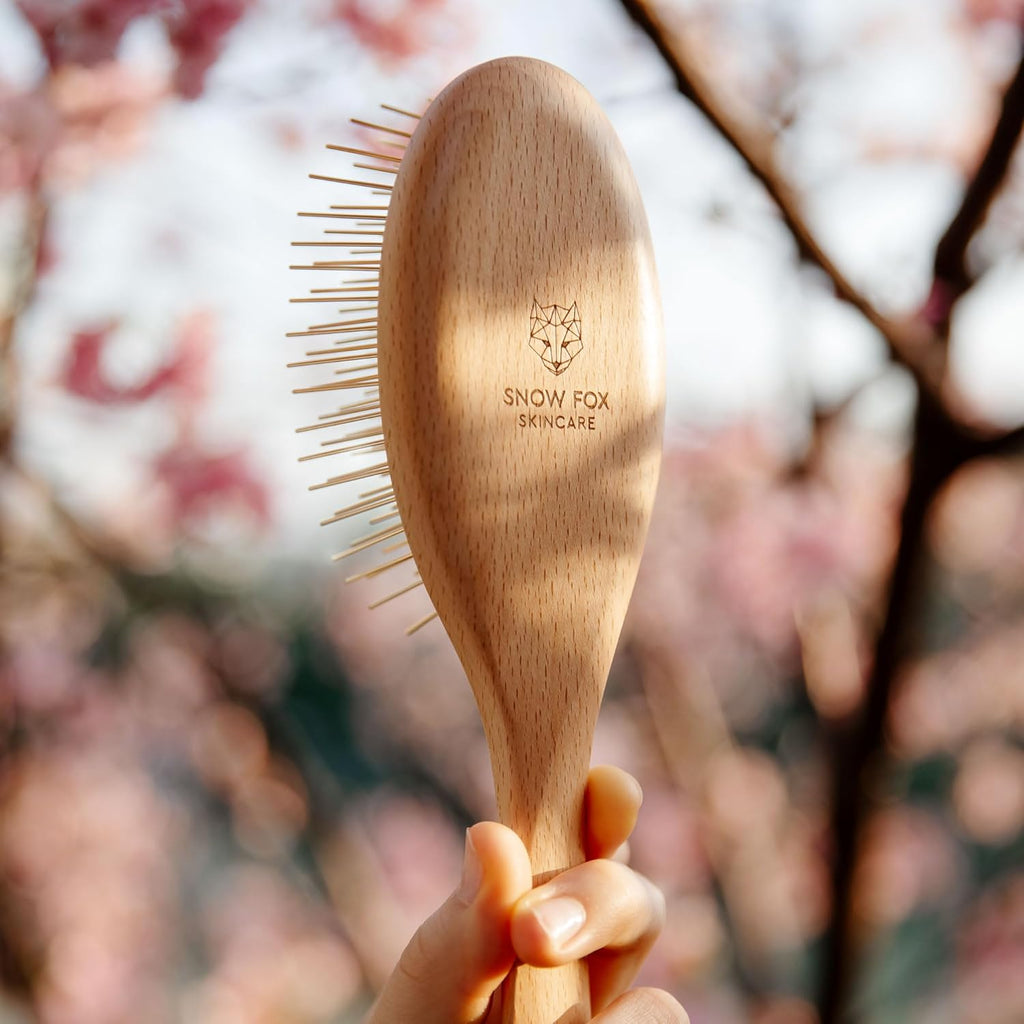 Snow Fox Skincare Gua Sha Hair Brush - Wooden Edition | Scalp Massage Comb with Gold-Plated Bristles for Healthy Follicles