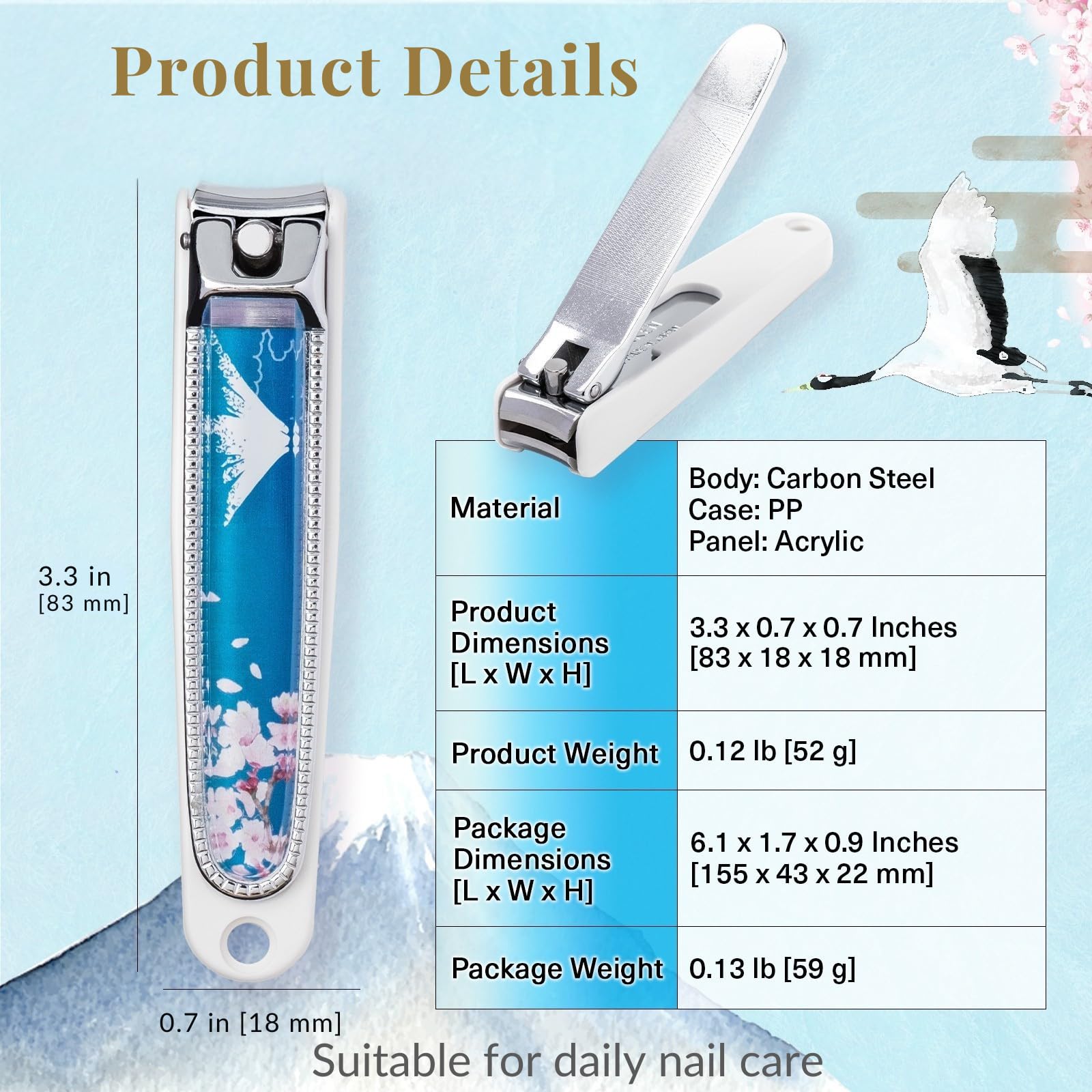 Wablade Japanese Nail Clippers, Made in Seki Japan, Curved Carbon Steel Edge, Removable Nail Catcher with Built-in Nail File, Fingernail & Toenail Grooming Tool, Compact Travel Design (Maiko)