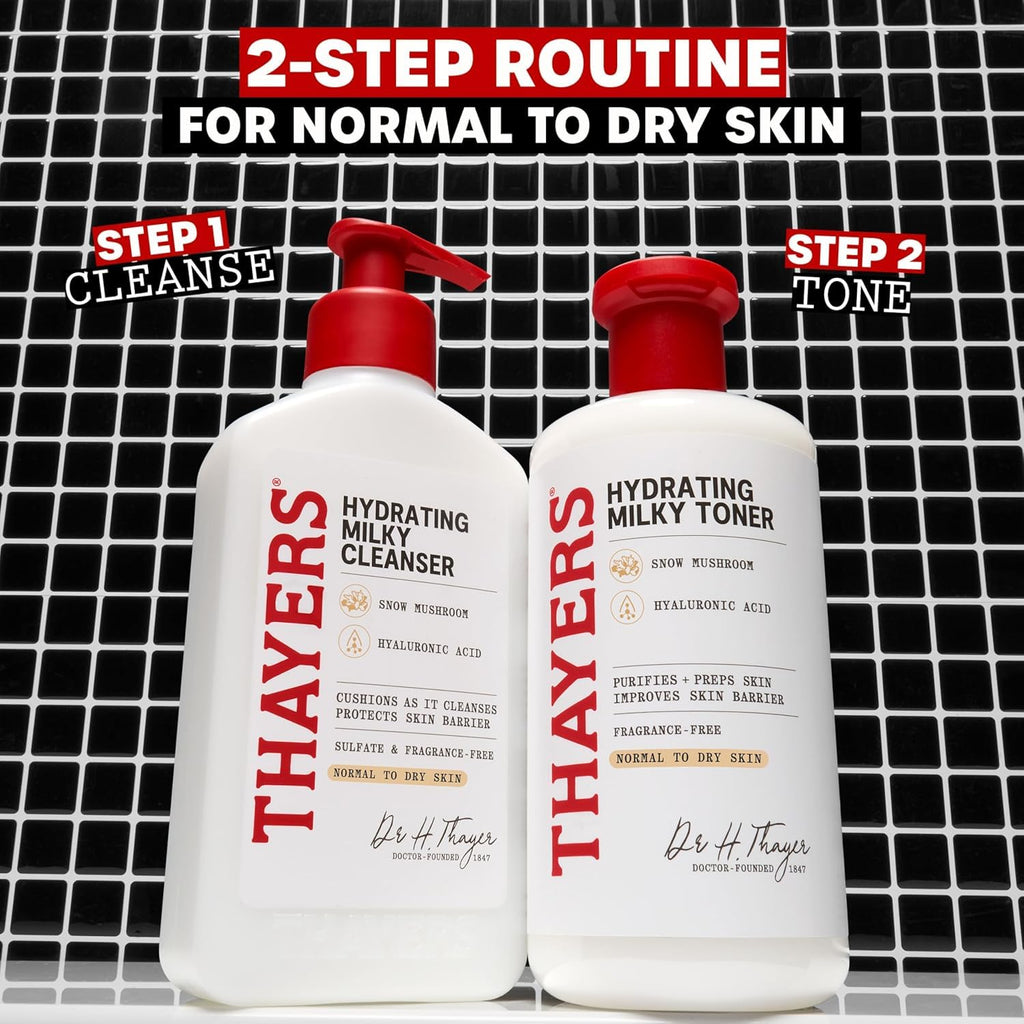 Thayers Milky Face Cleanser & Toner Bundle | Hydrating Skincare with Snow Mushroom & Hyaluronic Acid - 8 FL Oz & 12 FL Oz