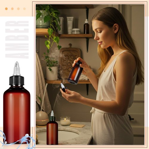 Barydat 12 Pcs 8 oz Brown Squeeze Bottle Twist Top Applicator Empty Hair Oiling Bottle with Funnels Refillable Plastic Liquid Containers for Liquid Hair Oil Shampoo Lotion