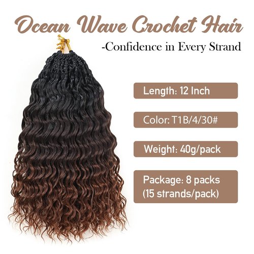 Pre looped Ocean Wave Crochet Hair 8 Packs 12 Inch Ombre Brown Auburn Synthetic Pre Twisted Ocean Braids Hair Boho Deep Wave Short Curly Crochet Hair for Black Women (12 Inch, T1B/4/30#)