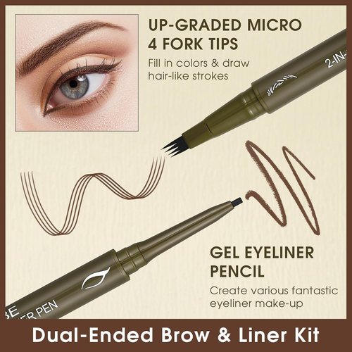 UCANBE Eyebrow Pen - Dual-Ended Pencil with 4-Fork Tip & Gel Eyeliner for Natural Hair-Like Strokes | Dark Brown