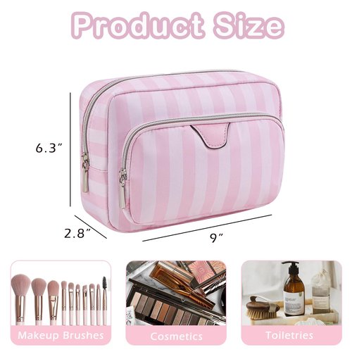 RSRSLEII Waterproof Travel Makeup Bag, Aesthetic Nylon Striped Cosmetic Bag，Coquette Traveling Toiletry Bag With Zipper, Cosmetic Pouch for Women Purse, Ideal for Women and Girls(02 Compartments)