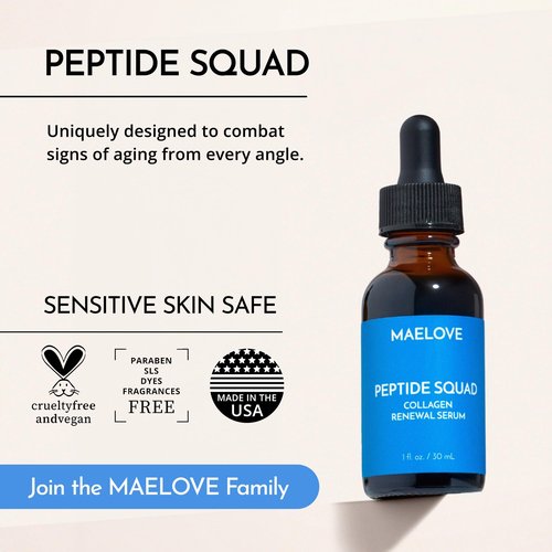 MAELOVE Peptide Squad Collagen Renewal Serum with Copper Peptides, Argireline, Matrixyl 3000 + Hyaluronic Acid and Niacinamide for Wrinkles, Fine Lines, and Skin Elasticity