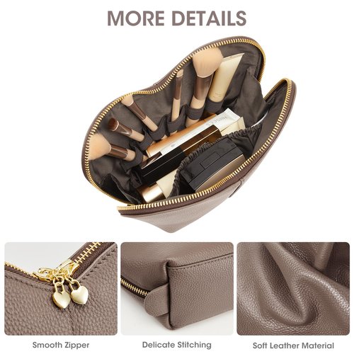 Kattee Leather Makeup Bag, Travel Large capacity Comestic Bag for Women, Heart Shaped Portable Organizer Toiletry Bag for Working,Khaki