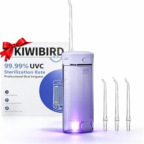 KIWIBIRD Mini Water Flosser - Ultra-Portable Cordless Oral Irrigator with UVC Light & IPX8 Waterproof | 230mL Teeth Cleaner for Tonsil Stones & Braces Care (Purple)