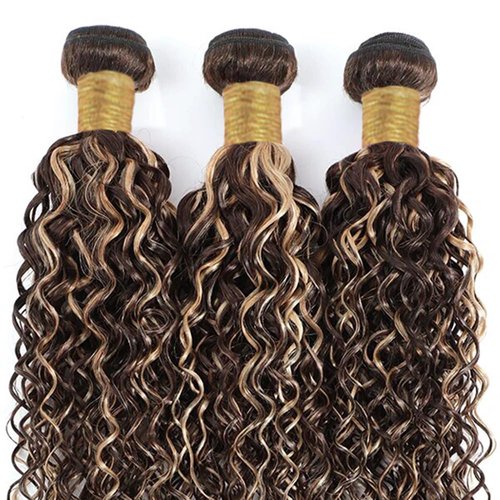 Dokksiiia 10 12 14 Inch Highlight Kinky Curly Bundles P4/613 Ombre Brown Curly Wave Human Hair Bundles Chocolate Brown and Light Blonde Piano Color Mix Brazilian Human Hair Extensions Natural Look