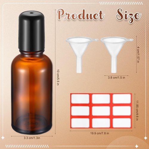 Sumind 12 Pcs 30ml Roller Glass Bottle Essential Oil with Stainless Steel Refillable Sample Container Brown Empty Roller Bottle Applicator with Funnel Sticker for Travel(Amber)