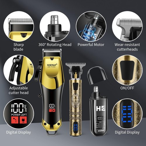 HIENA PRO Professional Hair Clippers & Cordless Barber Clippers for Men, Rechargeable Trimmer Set and Facial Grooming Tool Kit, Ear, Nose Hair Trimmer Set, Gifts for Men