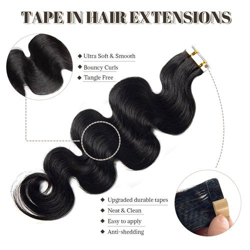 Tape in Hair Extensions Human Hair Body Wave 100% Remy Human Hair 16 Inch 50g/pack 20pcs Tape Hair Extensions Natural Black Real Human Hair Extensions for Black Women Human Hair Tape in Extensions