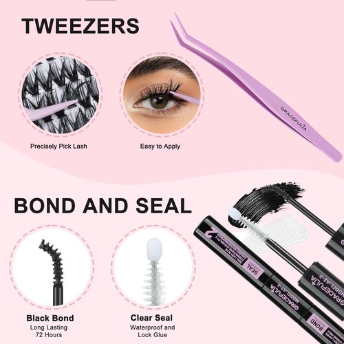GRACEFULIA Fluffy Lash Clusters Kit 60D+80D, DIY Lash Extension Kit with 280PCS 10-18mm Thick Individual Lashes, Bond & Seal, Tweezers for Eyelash Extensions at Home