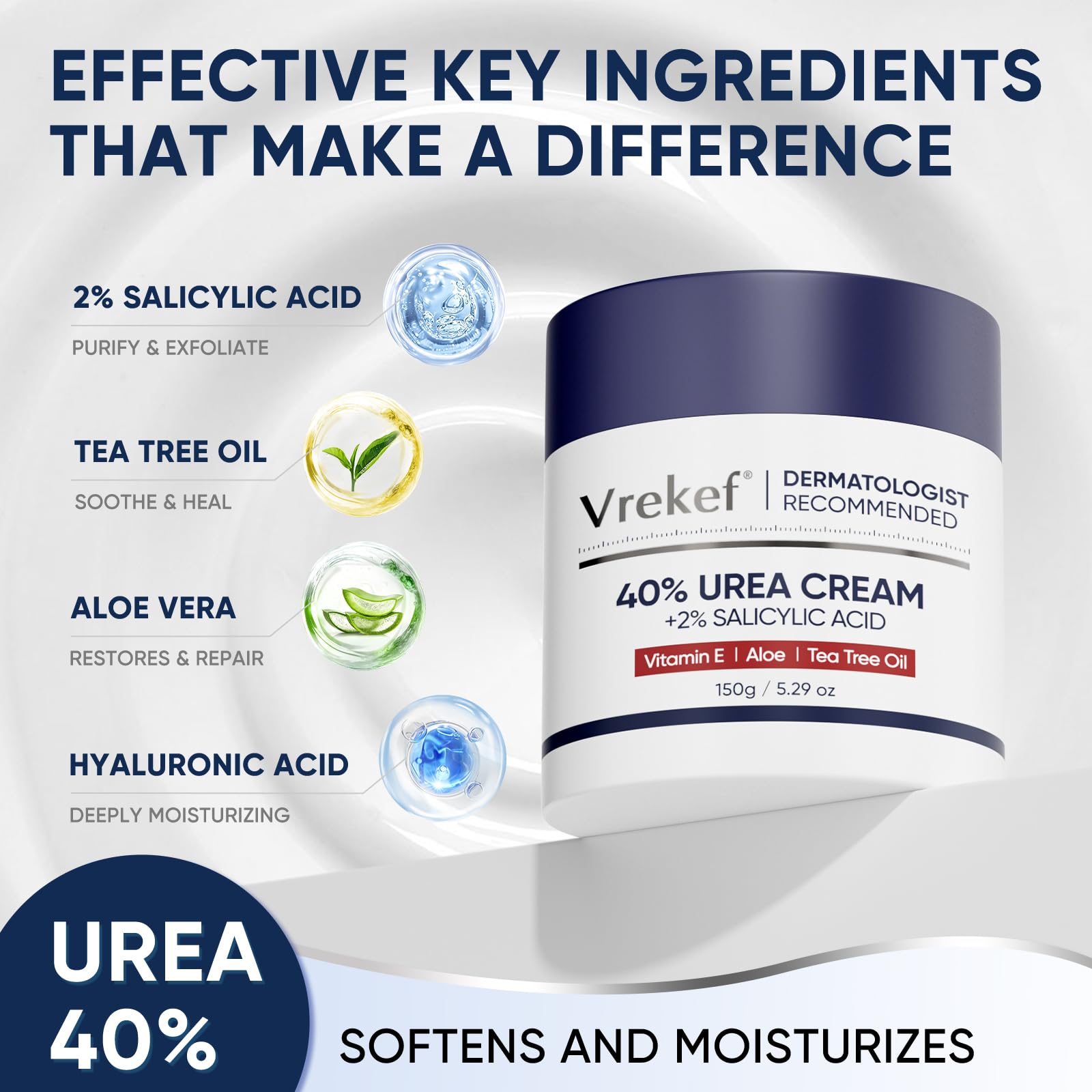 VREKEF Urea Cream 40 Percent for Feet Maximum Strength, Urea Cream 40% Plus Salicylic Acid 2%, Foot & Hand Cream for Dry Cracked