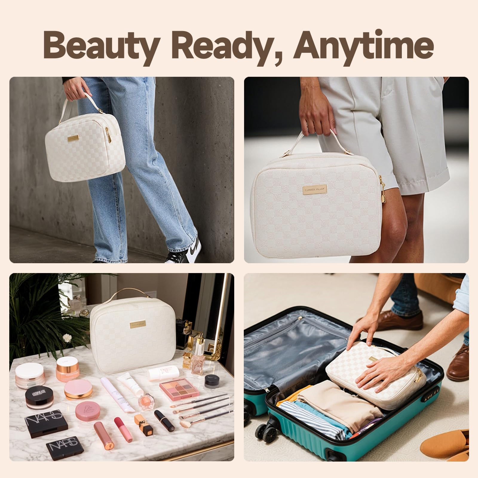 YDR Toiletry Bag with Brush Holder,Travel Makeup Bag Large Capacity Cosmetic Bag Organizer for Women Waterproof Checkered Multi-Compartment Makeup Case