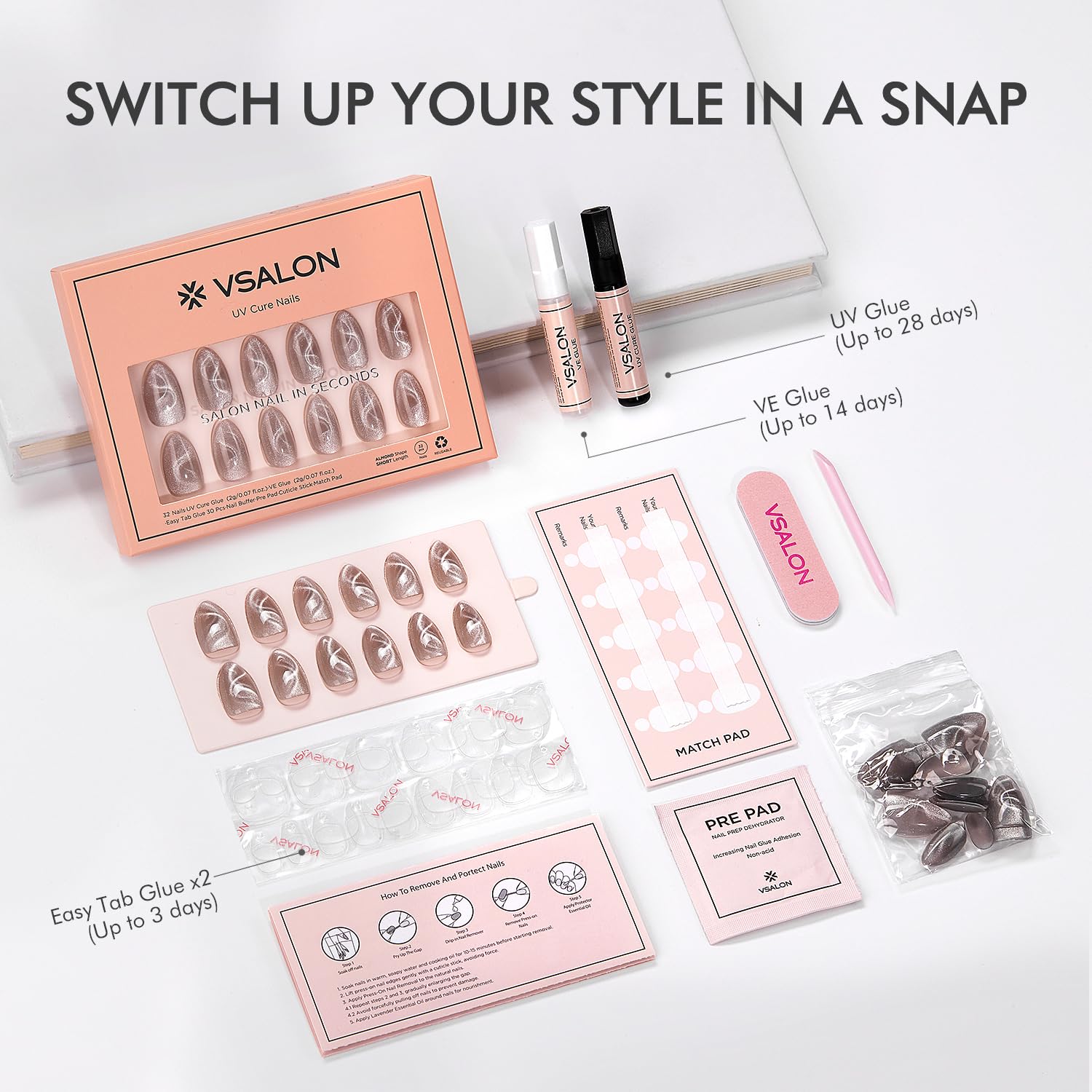VSALON Press On Nails Short Almond, 32 Pcs 16 Sizes Cat Eye Spring Press On Nails Silver Shimmer Ribbon Sparkly Fake Nails With UV Glue Reusable Stick On Nails Semi-transparent