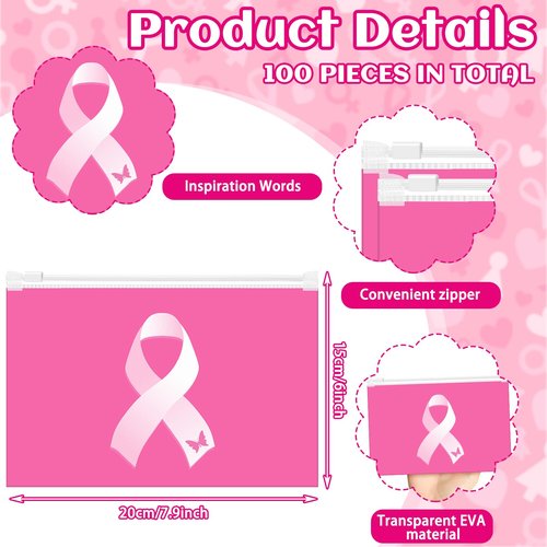 100 Pieces Breast Cancer Awareness Makeup Bags Bulk Pink Ribbon Cosmetic Pouches Breast Cancer Survivor Gifts for Woman Girls Multi Purpose Zipper Eva Waterproof Toiletry Pouch Bags (Classic Style)