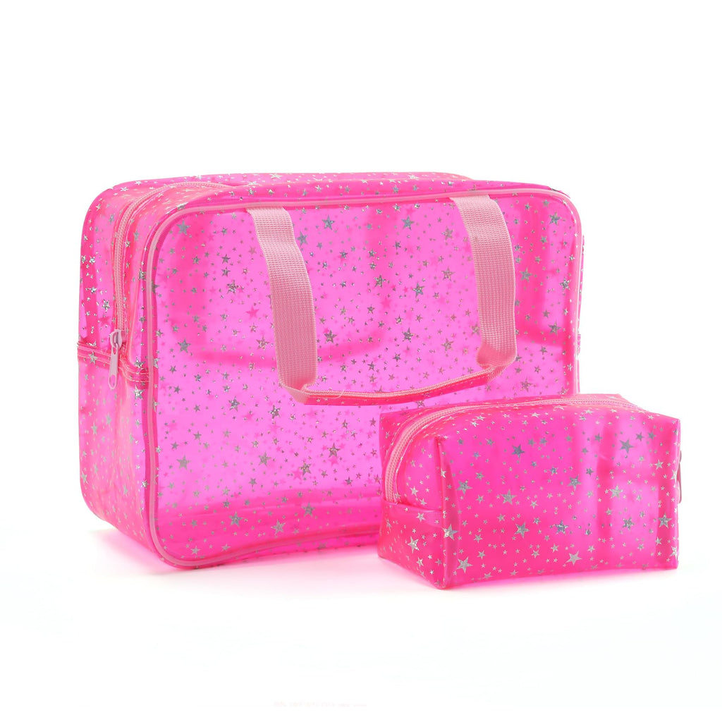 Yaopeing 2Pcs PVC Clear Makeup Bag Organizer for Women,Star Transparent Cosmetic Case Travel Toiletry Pouch with Zipper,Large Make Up Purse for Daily Accessory,Pink