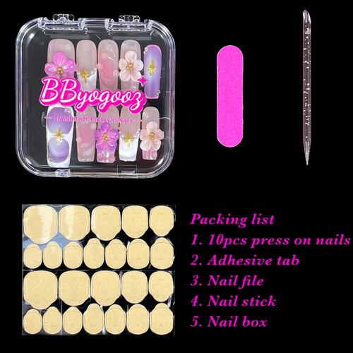 Handmade Press On Nails Medium/Long Square Pink 3D Sakura Design - Reusable French Acrylic Fake Nails with Gold Stars & Pearls, Luxury Cherry Blossom False Nails (Sakura, M)