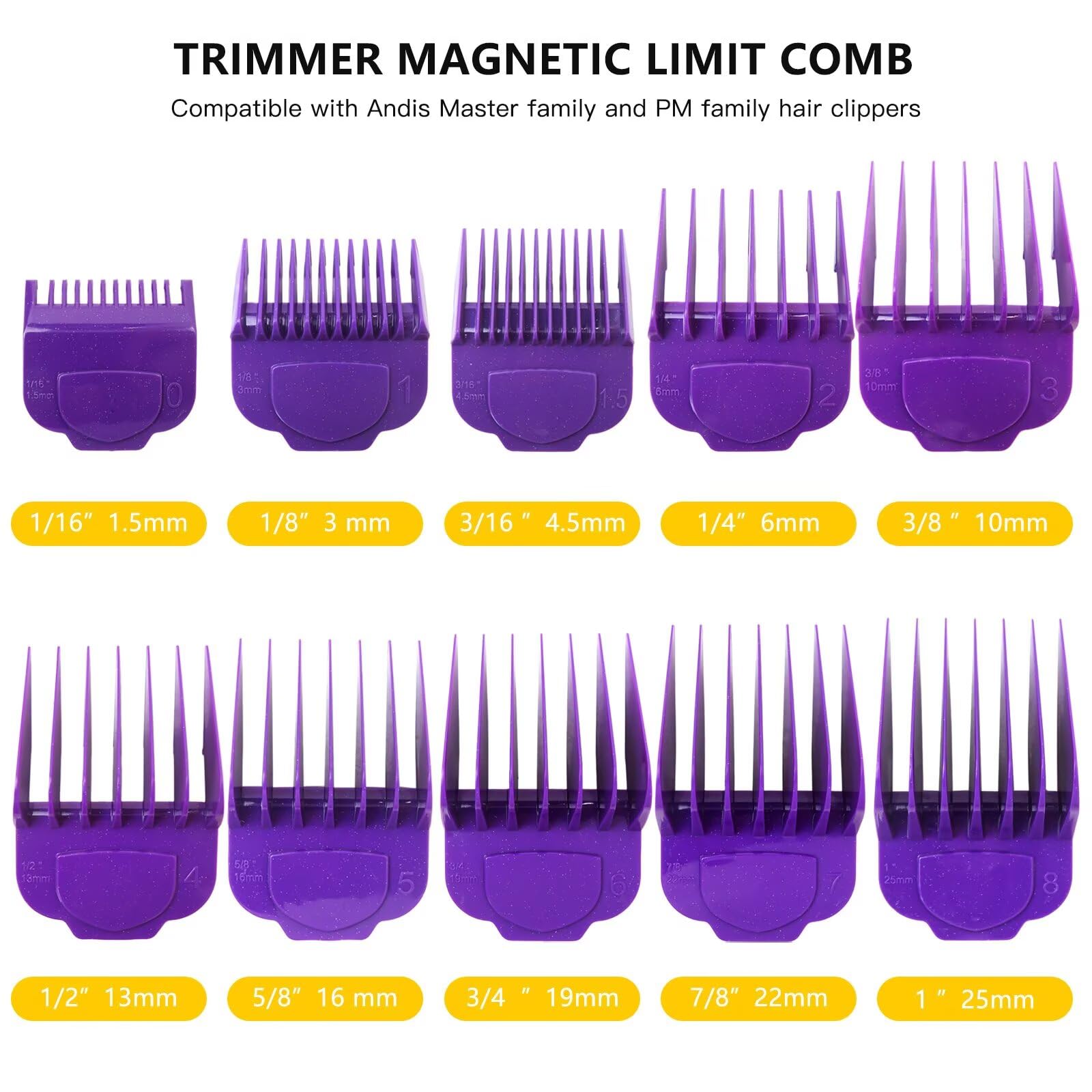 WELURE for Andis Master Clipper Accessories - 10 Magnetic Cutting Guards 1/16", 1/8", 3/16", 1/4", 3/8",1/2", 5/8", 3/4", 7/8", and 1 - for All Professional Haircutting Needs