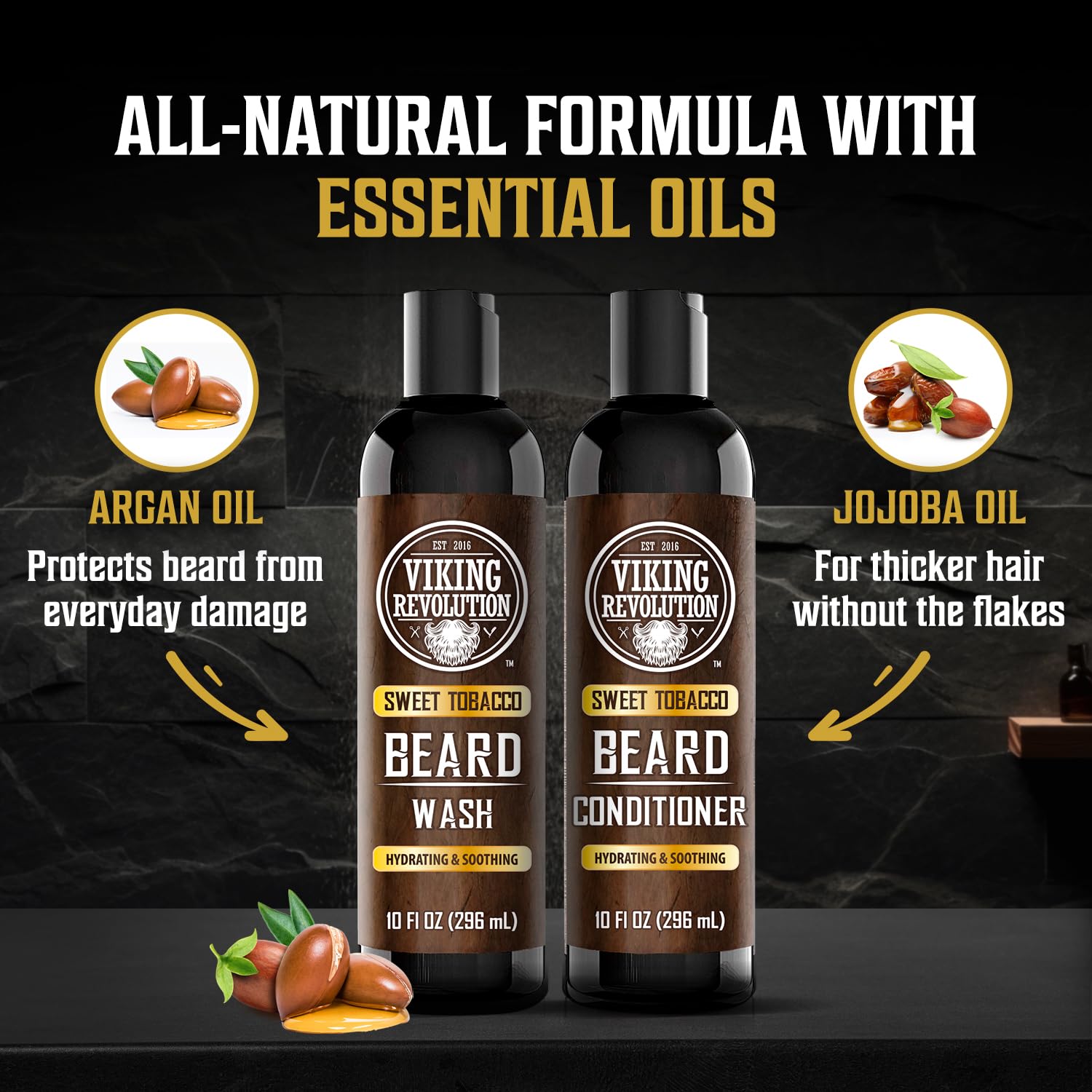 Viking Revolution Beard Wash and Beard Conditioner for Men with Argan Oil and Jojoba Oil - Beard Softener and Strengthener Beard Care Beard Shampoo and Conditioner with Beard Oil (10oz, Sweet Tobacco)