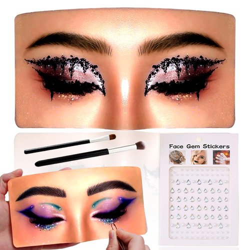 Penugo Silicone Mannequin Face for Makeup Practice Board with Makeup Brushes, Rhinestones Sticker (Wheat Colored)
