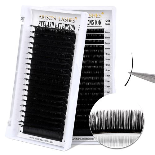 Arison Lashes Volume Lash Extensions Cashmere Matte Black Individual Eyelash Extensions Tray Mixed Length 20 Rows for Professional Lash Tech Supplies(0.07-C Curl-14mm)