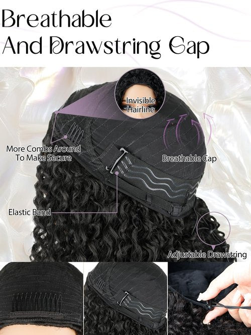 NOSTALGIA Half Wig Kinky Curly Flexi-Fit Invisi 3 in 1 Wigs Flip Drawstring Wig Glueless Synthetic With Natural Density Ready to Go Headband Wig for Women 16Inches(Black Mix Dark Brown 1B/33)