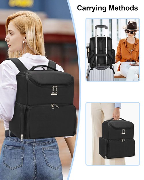 Relavel Makeup Backpack Large Makeup Bag with 3 Clear Set Bags, Dual Layer Professional Cosmetic Organizer Travel Train Case Makeup Artist Kit with Adjustable Dividers & Easy to Clean Lining, Black
