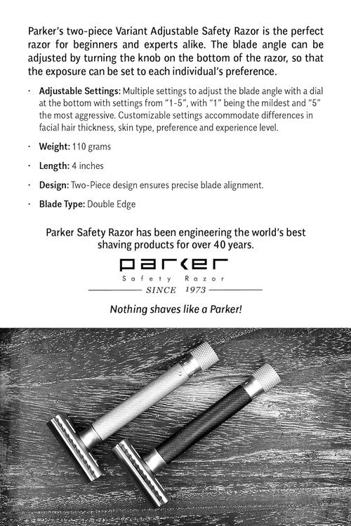 Parker THE VARIANT CLOSED COMB - ADJUSTABLE Double Edge Safety Razor, Customize your Shave with a Turn of the Dial from Mild to Aggressive - 5 Blades Included (GRAPHITE GRAY)