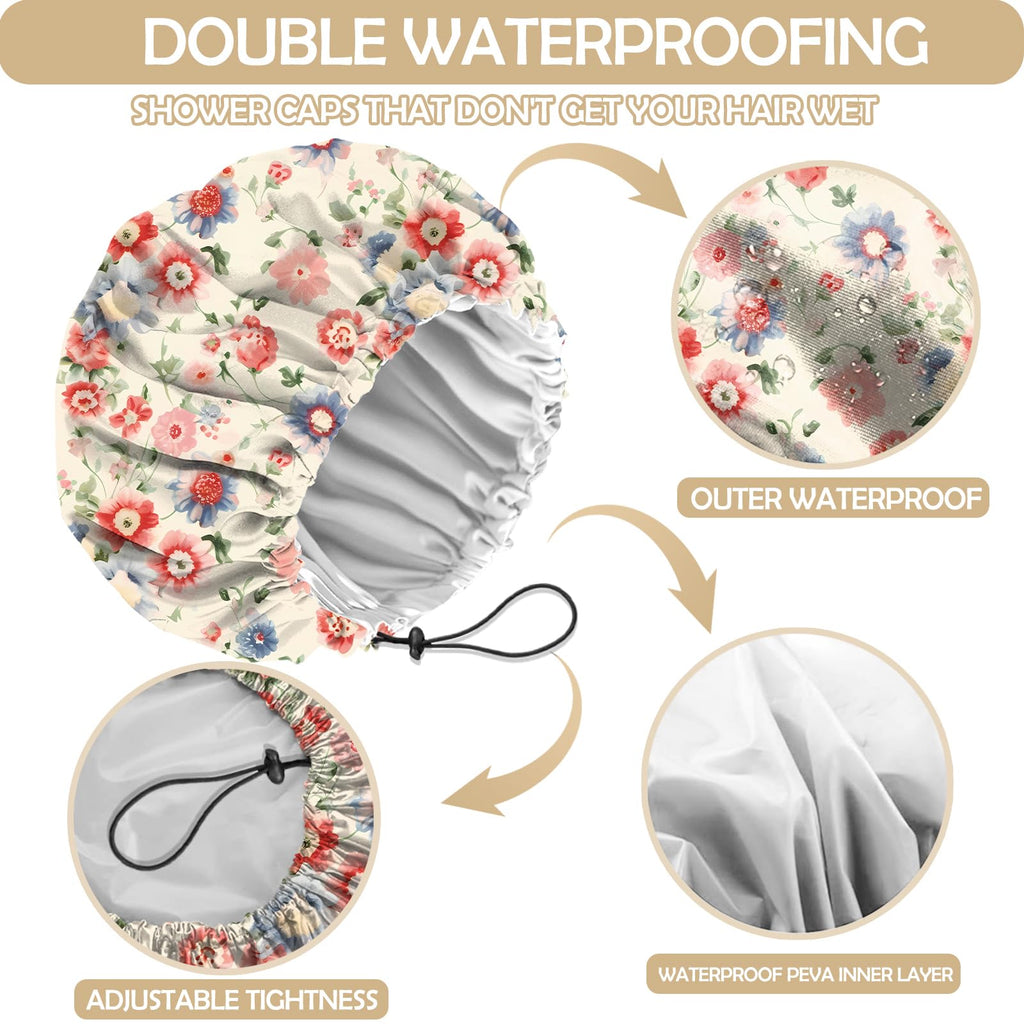 Zewurtuw 2 PCS Shower Cap Adjustable Reusable Double Waterproof Layer Elastic Hair Bath Cap Cute Aesthetic for Women Girls-Floral
