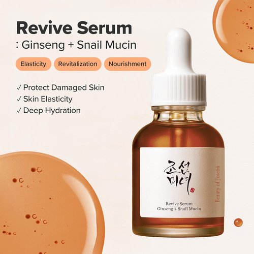 Beauty of Joseon Revive Snail Mucin Ginseng Serum - Hydrating Peptide Facial Moisturizer for Dark Spots & Acne Scars | 30ml