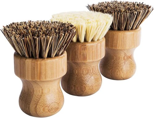 Palm Pot Brush - Durable Bamboo Mini Dish Brushes | 3-Pack Natural Scrub Kit for Pots, Pans & Vegetables