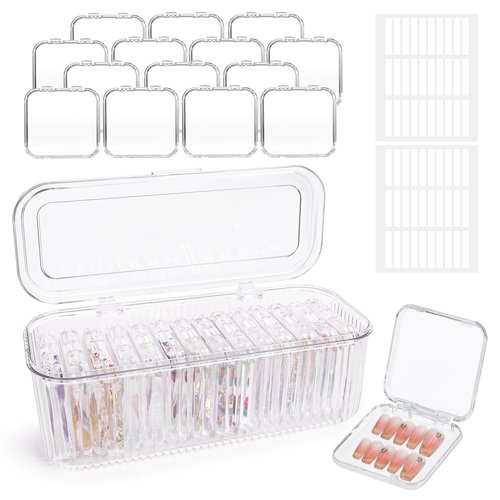 Press On Nail Organizer 14 PCS Clear Press On Nail Storage Boxes and 1 Big Storage box with 60 Pcs Adhesive Double Sided Tape,Press On Nail Packaging for Fake Nail Storage Nail Display Nail Salon.