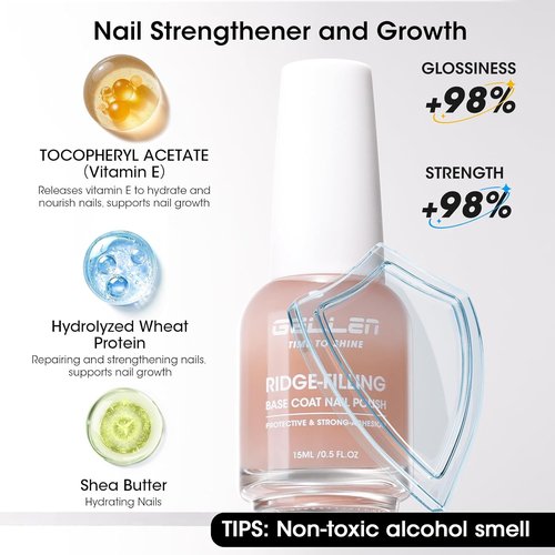 GELLEN Clear Nail Polish Base Coat - Ridge Filling Sheer Nude Tint | Nourish & Strengthen Damaged Nails