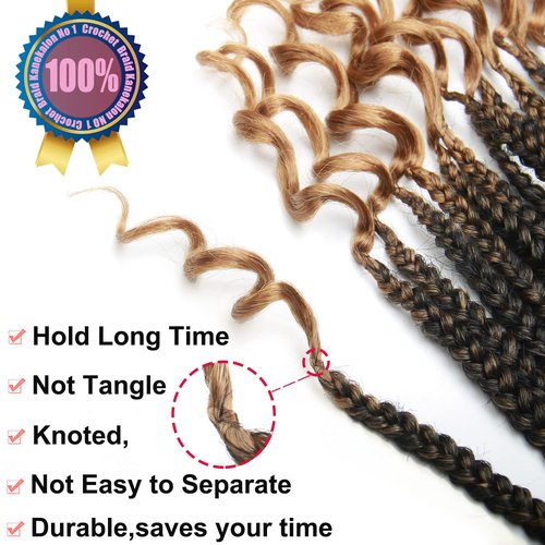 14 Inch Crochet Box Braids Hair Curly Ends Ombre Brown Curly Wave Synthetic Box Hair For Braid 6Packs 22 Strands/pcs Crochet Braids For Women(14inch, 1B/27#) …