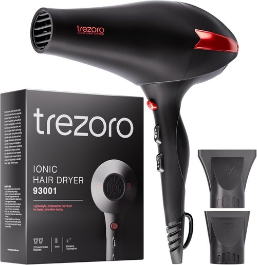 TREZORO Professional Hair Dryer - 2000W Ionic Ceramic Tourmaline Technology | Fast, Quiet Drying with 3 Heat & 2 Speed Settings, Black