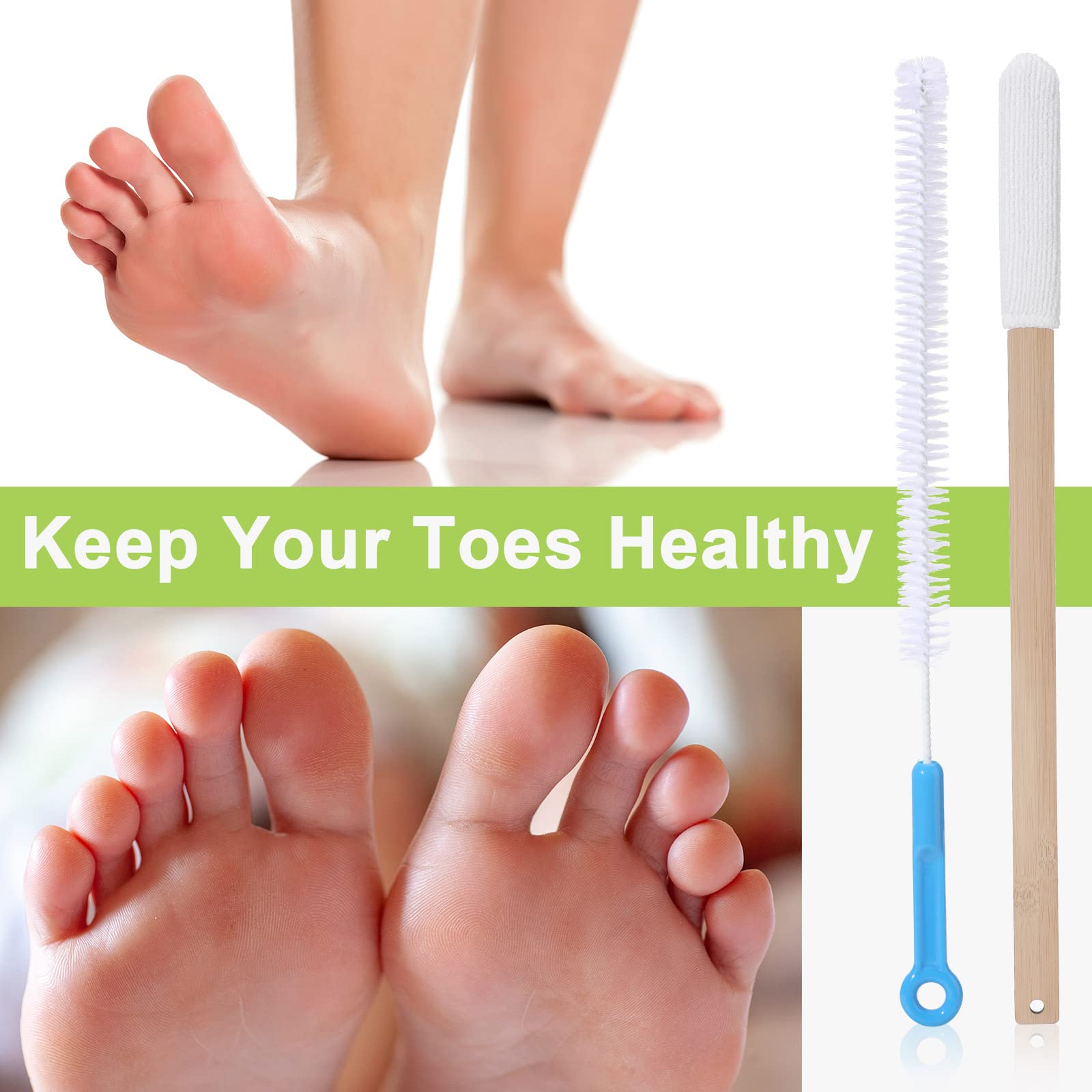 Yaomiao Set of 2 Long Handle Toe Brush 15.75 Inches Wooden Foot Towel Brush with Reusable Remove Soft Drying Covers for Foot Scrubber Cleaning Between Toes