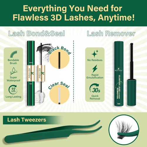 KEYYOU LASH 3D Effect lash Clusters Kit 80D100D 280pcs Eyelash Clusters Kit D Curl Individual Lashes Kit Wispy Lash Extensions Kit with Waterproof Lash Bond and Seal Tweezers (Lash Kit-8-16MIX)