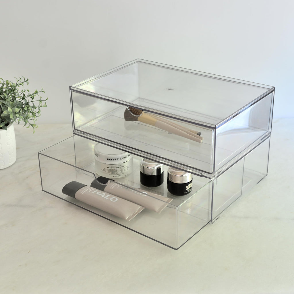 Youngever 2 Pack Large Stackable Organizer Drawers, Stackable Makeup Organizer, Stackable Makeup Storage, Clear Cosmetic Organizers, Makeup Organizer Drawers (12" x 7.5" x 3.5")