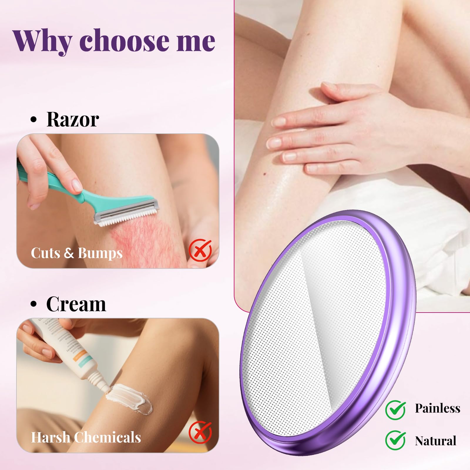 Wsiones Crystal Hair Eraser for Women and Men, Reusable Crystal Hair Remover Magic Painless Exfoliation Hair Removal Tool, Magic Hair Eraser Device for Back Arms Legs(Purple)