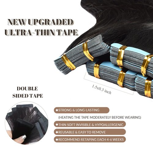 Tape in Hair Extensions Human Hair Body Wave 100% Remy Human Hair 16 Inch 50g/pack 20pcs Tape Hair Extensions Natural Black Real Human Hair Extensions for Black Women Human Hair Tape in Extensions