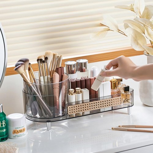 Rotating Makeup Organizer,Large Capacity Countertop Skincare Organizer,2 in 1 Bathroom Makeup Caddy,Cosmetic Display Case (Crystal Clear)
